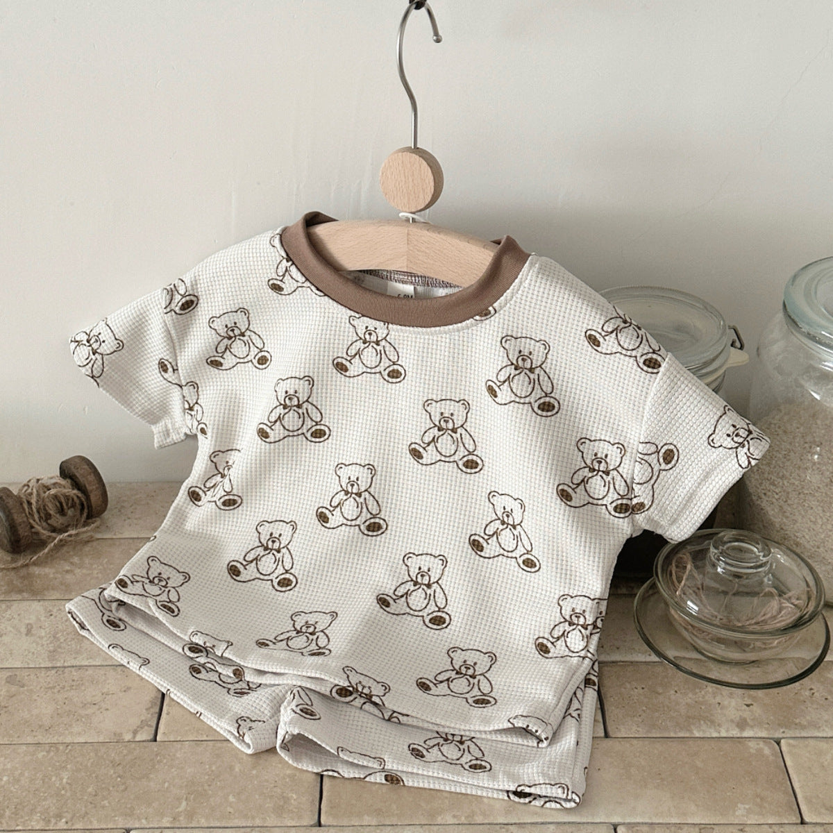 Cute teddy bear short sleeved shorts casual set