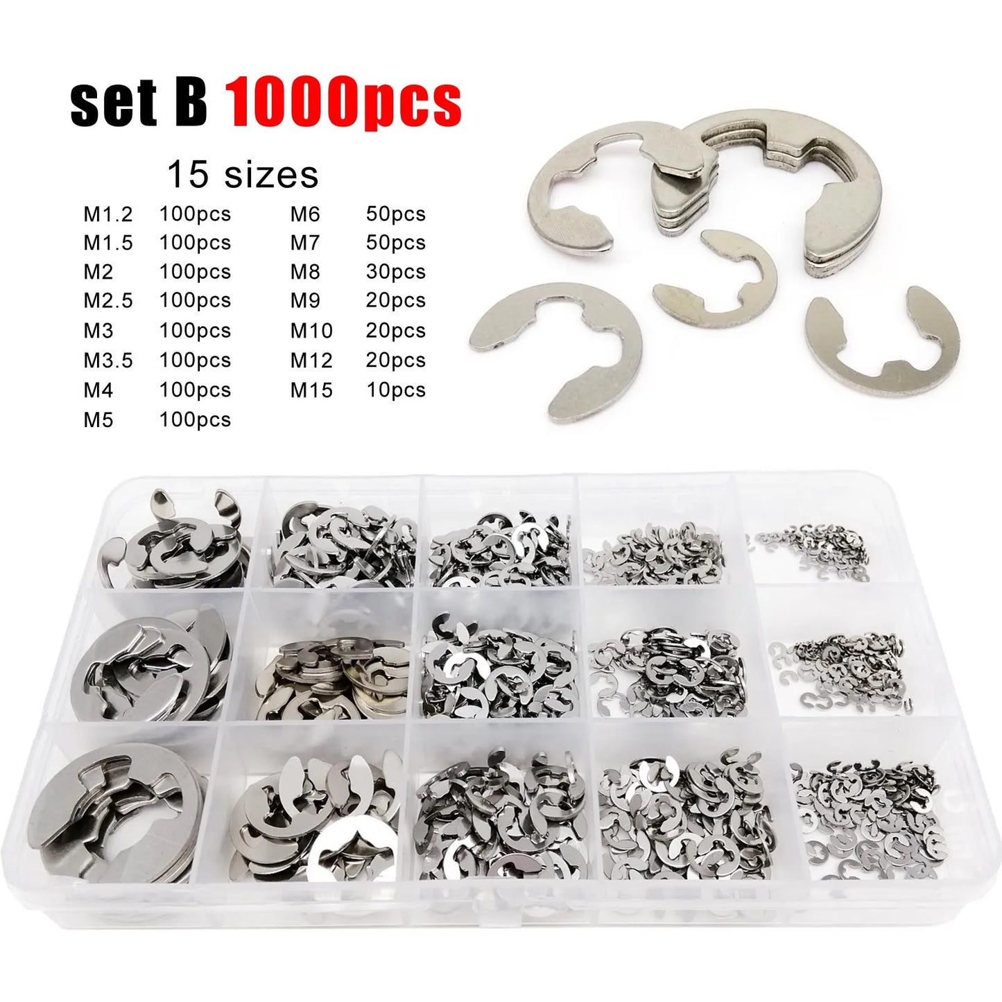 1 Kit M1.2 to M15 GB896 E type Circlip Shaft Bearing External Retaining Ring Snap Washer Black 65mn Steel 304 A2 Stainless Steel