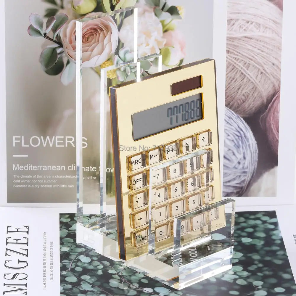 Yellow Gold Acrylic Pen Holder  Organizer + Solar Energy Calculator Desk Kit