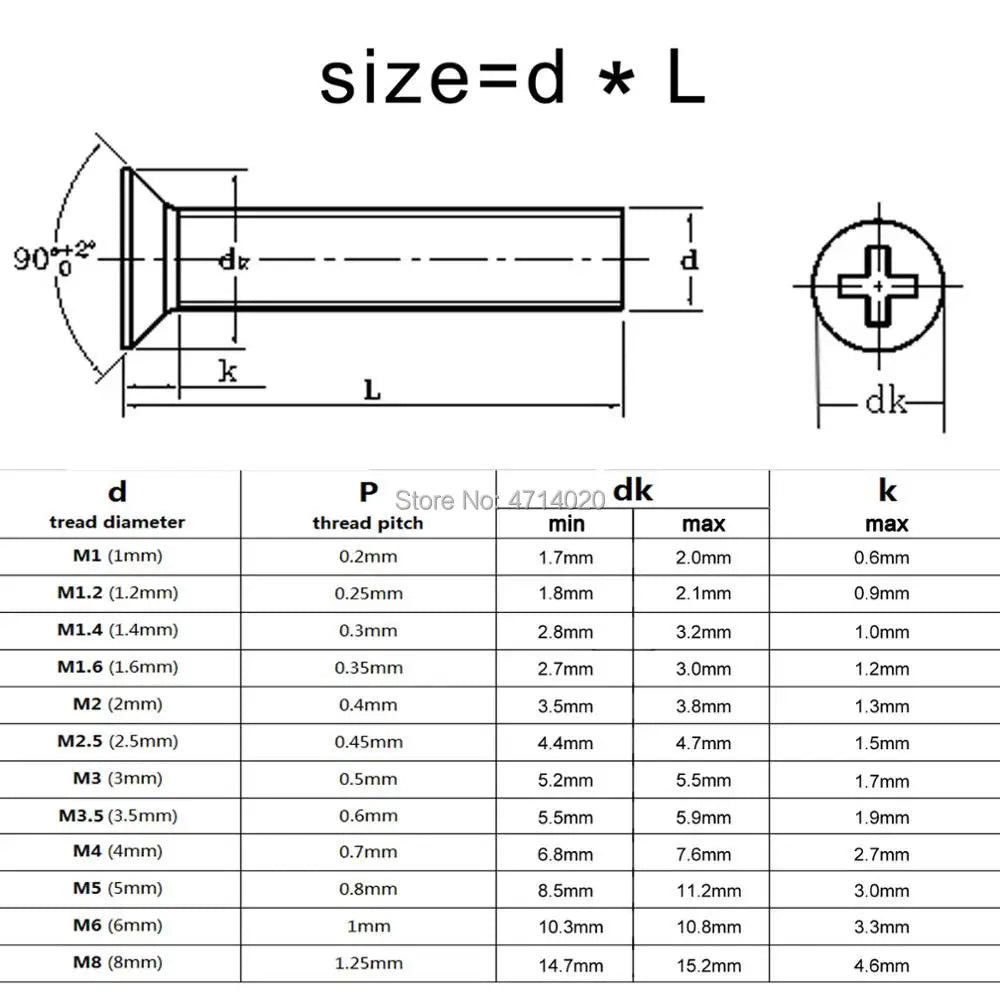 50x M1.2 M1.4 M1.6 M2 M2.5 M3 M3.5 M4 Mini Micro Small Black 304 Stainless steel Cross Phillips Flat Countersunk Head Screw Bolt