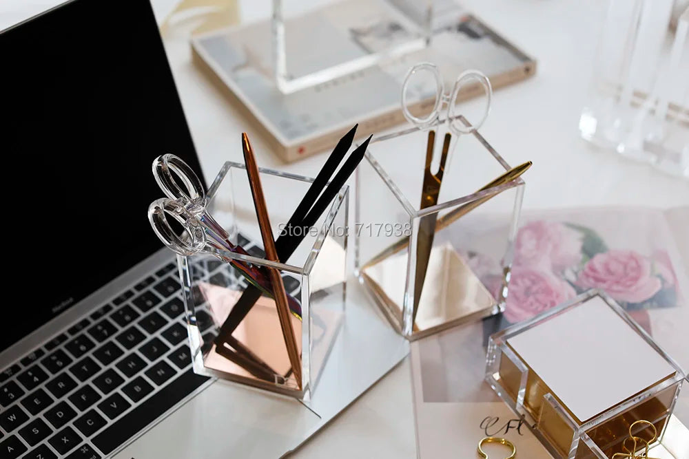 Yellow Gold Acrylic Pen Holder  Organizer + Solar Energy Calculator Desk Kit