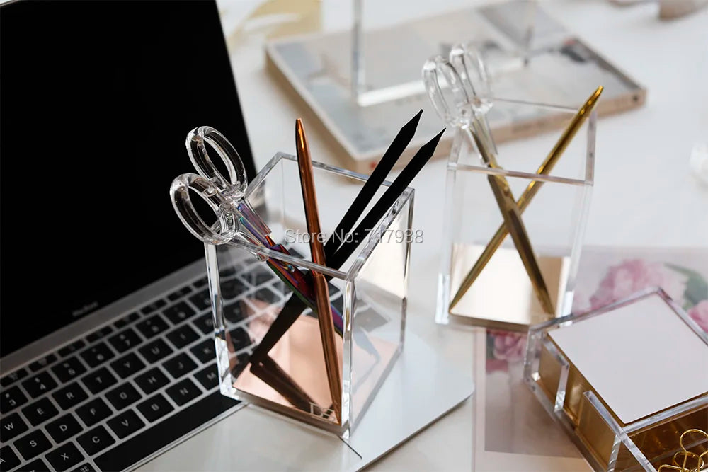 Yellow Gold Acrylic Pen Holder  Organizer + Solar Energy Calculator Desk Kit
