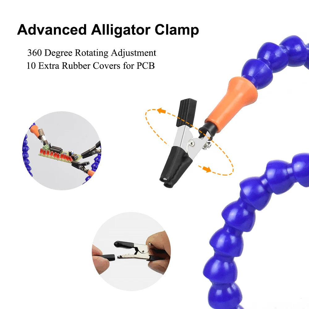 Toolour Helping Hands Soldering Third Hand Tools 5 Flexible Arms With Adjustable Table Clamp 3X LED Magnifier PCB Holder Tool