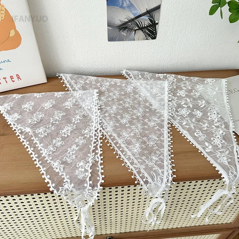 Women's Thin Style Lace Triangular Scarf Summer French Style Headscarf Headband Silk Scarf Retro Decoration Countryside Style