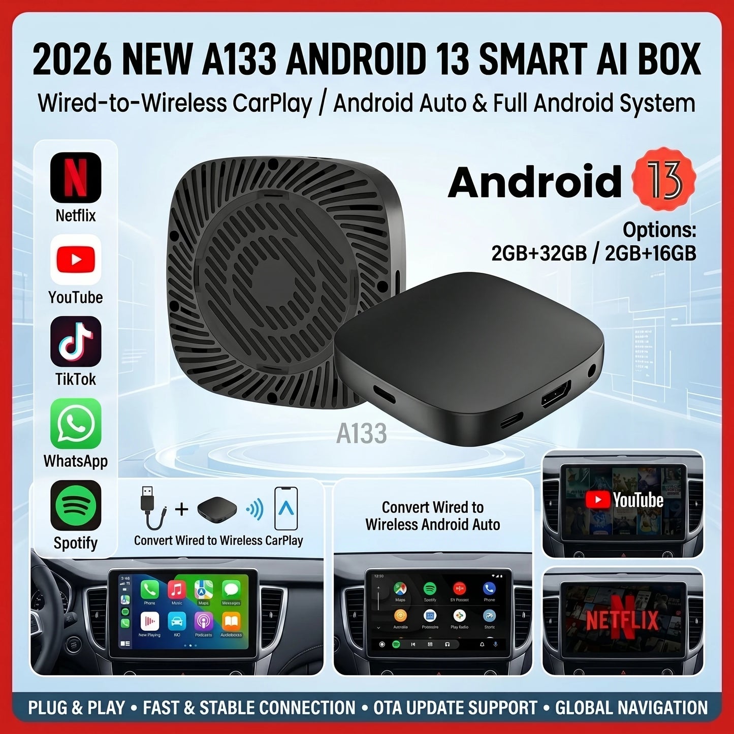 2026 Android13 CarPlay Ai Box Kowankit Wireless Android Auto 3 in 1 USB Adapter Plug & Play For Youtube Netflix Universal TV Box