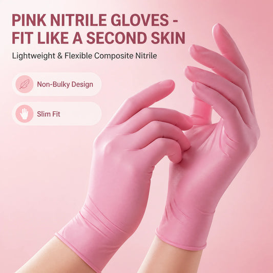 100Pcs Pink Nitrile Gloves - Slim Fit, Lightweight & Flexible, Multi-Scene Use (Kitchen, Nail Salon, Pet Care)