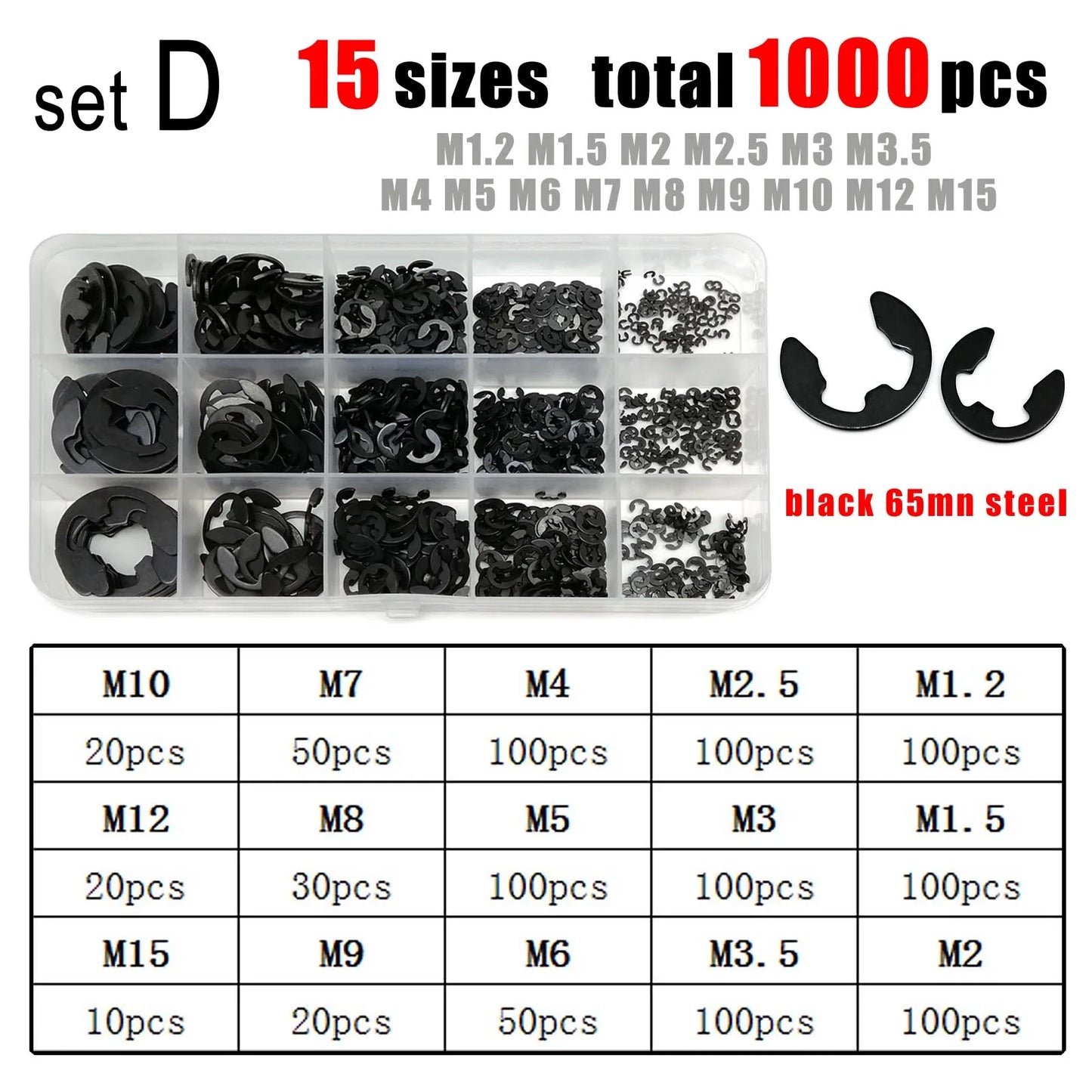 1 Kit M1.2 to M15 GB896 E type Circlip Shaft Bearing External Retaining Ring Snap Washer Black 65mn Steel 304 A2 Stainless Steel