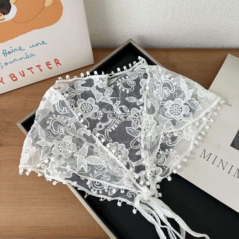 Women's Thin Style Lace Triangular Scarf Summer French Style Headscarf Headband Silk Scarf Retro Decoration Countryside Style