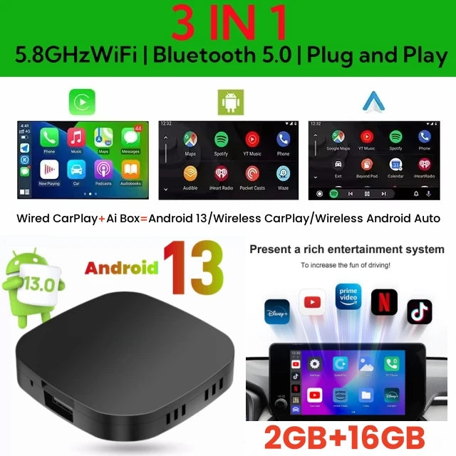 2026 Android13 CarPlay Ai Box Kowankit Wireless Android Auto 3 in 1 USB Adapter Plug & Play For Youtube Netflix Universal TV Box