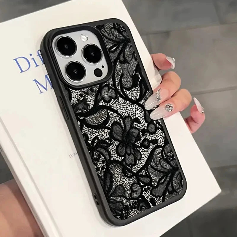 Black Lace Pattern Phone Case For iPhone 17 Pro Max 16 15 14 Plus 13 12 11 Pro Max 16E 17Air X XR XS Max Shockproof Soft Cover