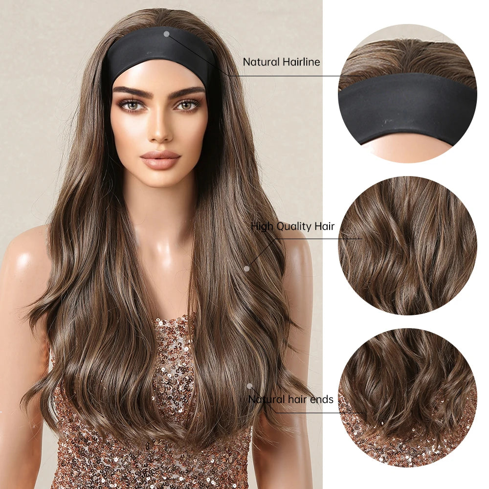 GEMMA Ash Brown Headband Synthetic Wigs Long Natural Wavy Headband Hair Wigs for Women Cosplay Daily Heat Resistant Fake Hair
