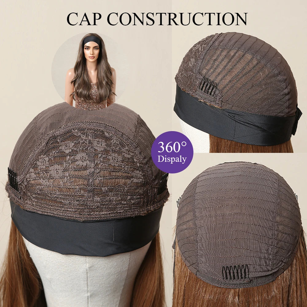 GEMMA Ash Brown Headband Synthetic Wigs Long Natural Wavy Headband Hair Wigs for Women Cosplay Daily Heat Resistant Fake Hair