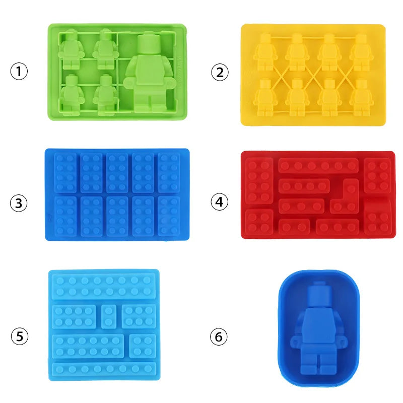 1/6PCS Block Silicone Mold Building Brick Robot Chocolate Jelly Ice Cube Tray Cake Decoration Cupcake Topper Kids Birthday Party