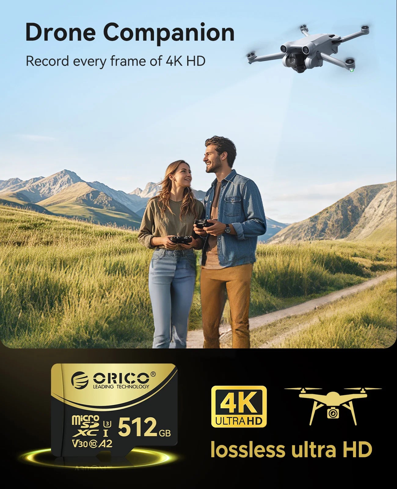 ORICO V3 256GB microSDXC UHS-I Memory Card, 180MB/s Read 160MB/s, 4K UHD Recoding, U3, Class10, V30, A2, Micro SD for Drone