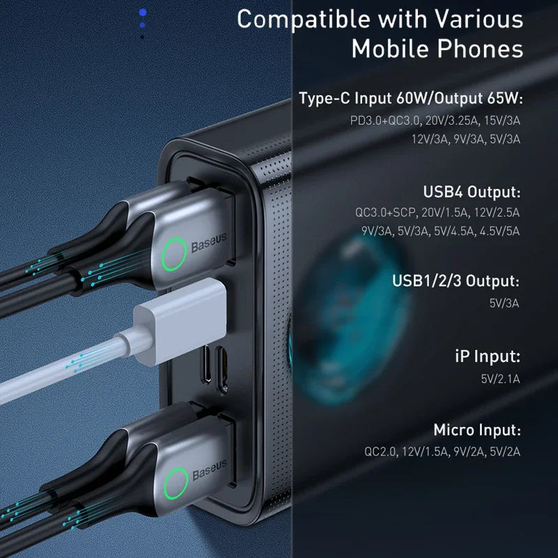 Baseus Power Bank 30000mAh 65W PD3.0 Quick Charging 3.0 FCP SCP Portable External for iPhone 16 15 14 Laptop Tablet Power Bank
