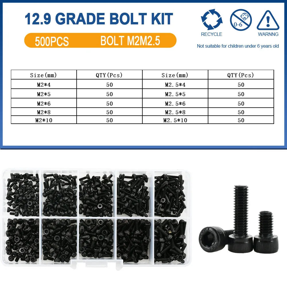 500Pcs M2 M2.5 Small Screw Bolt Kit 4mm 5mm 6mm 8mm 10mm Electrical Screws Hex Hexagon Socket Cap Laptop PCB Allen Bolts Set
