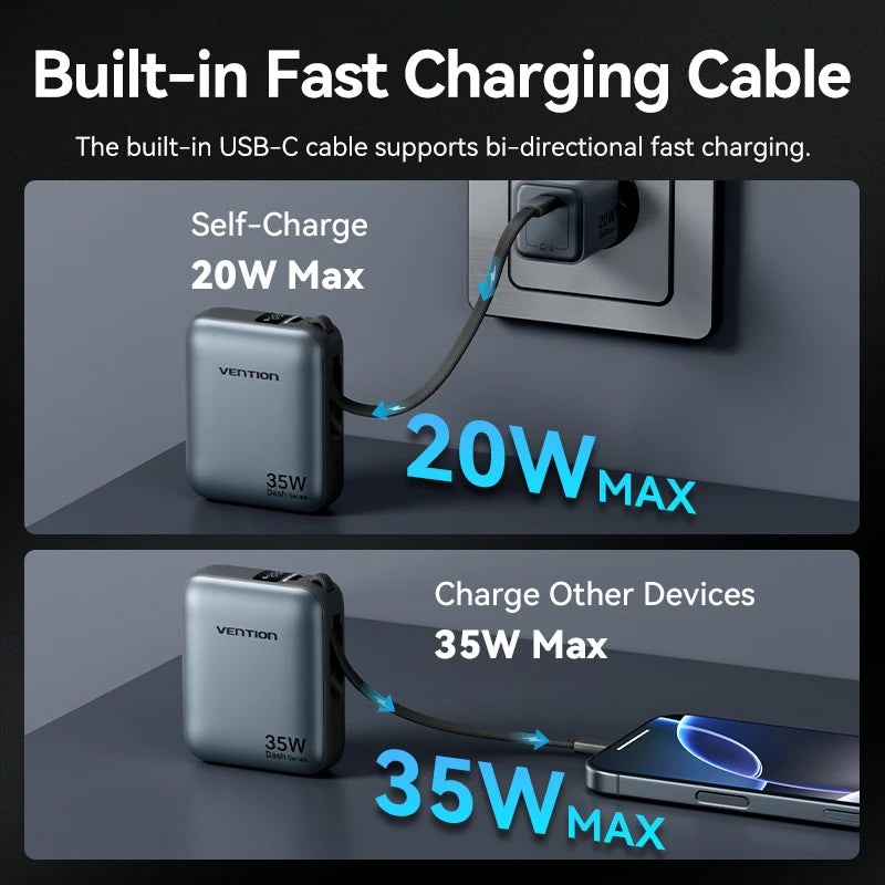 Vention 10000mAh Power Bank Fast Charging PD 35W Portable Mini PowerBank for iPhone 17 16 15 Xiaomi External Battery Charger