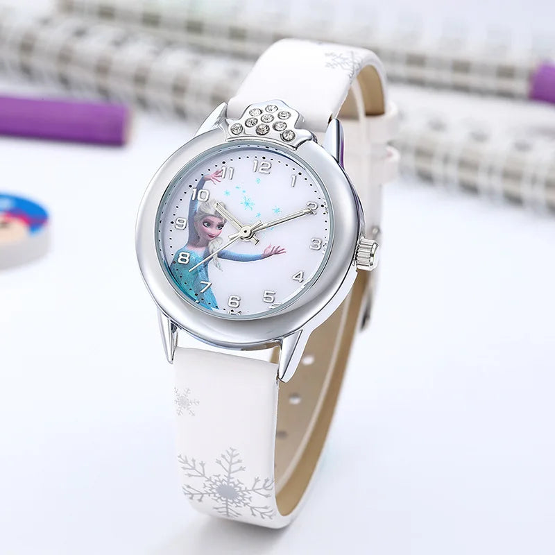 New Elsa Girls Watch for Kids Princess Leather Strap Cute Children's Watches Cartoon Quartz Wristwatches for Ladies Frozen Clock
