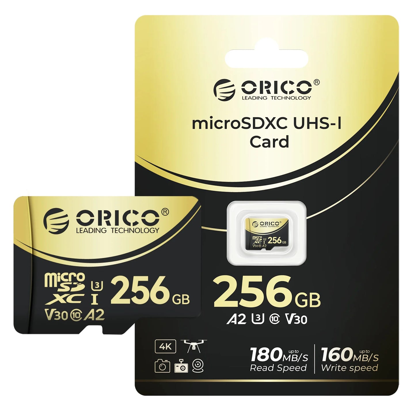 ORICO V3 256GB microSDXC UHS-I Memory Card, 180MB/s Read 160MB/s, 4K UHD Recoding, U3, Class10, V30, A2, Micro SD for Drone