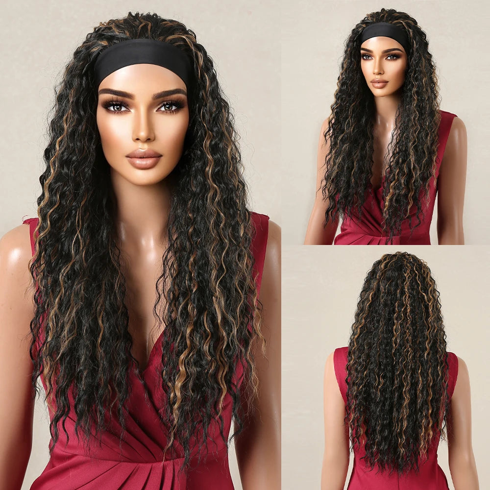 GEMMA Ash Brown Headband Synthetic Wigs Long Natural Wavy Headband Hair Wigs for Women Cosplay Daily Heat Resistant Fake Hair