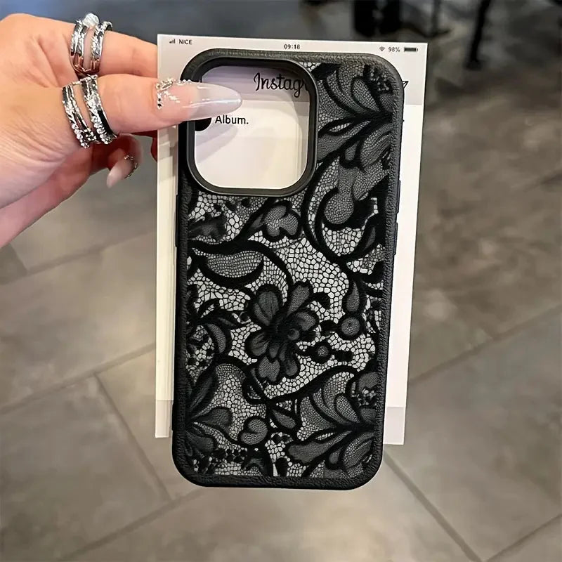 Black Lace Pattern Phone Case For iPhone 17 Pro Max 16 15 14 Plus 13 12 11 Pro Max 16E 17Air X XR XS Max Shockproof Soft Cover
