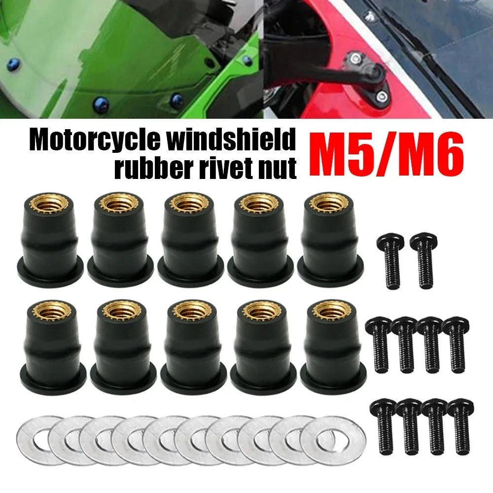 30PCS M5 M6 Motorcycle Windscreen Windshield Bolts Screws Set Metric Rubber Well Nut Fastener for Honda Suzuki Yamaha Kawasaki