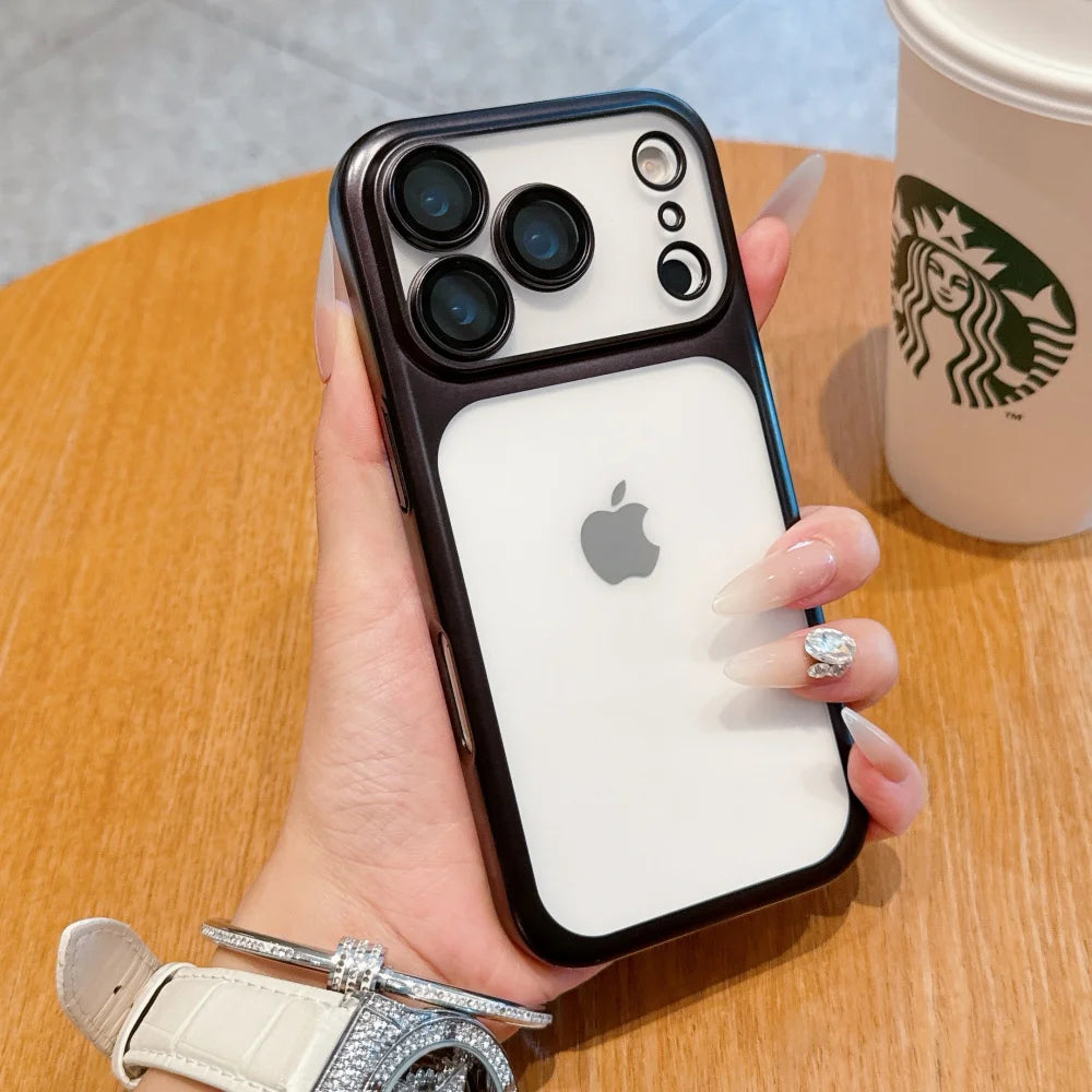 Electroplating Large Window Matte Case For iPhone 17 16 15 14 13 Pro Max Air Ultra Thin Transparent PC Hard Lens Film Cover