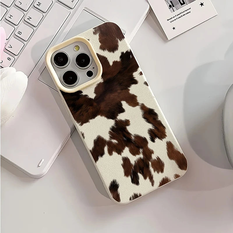 Creative Milk Cow Pattern Lychee Texture Phone Case For iPhone 17 16 15 14 13 12 11 Pro Max 17 Air 15 Plus X XS 16E Soft Cover