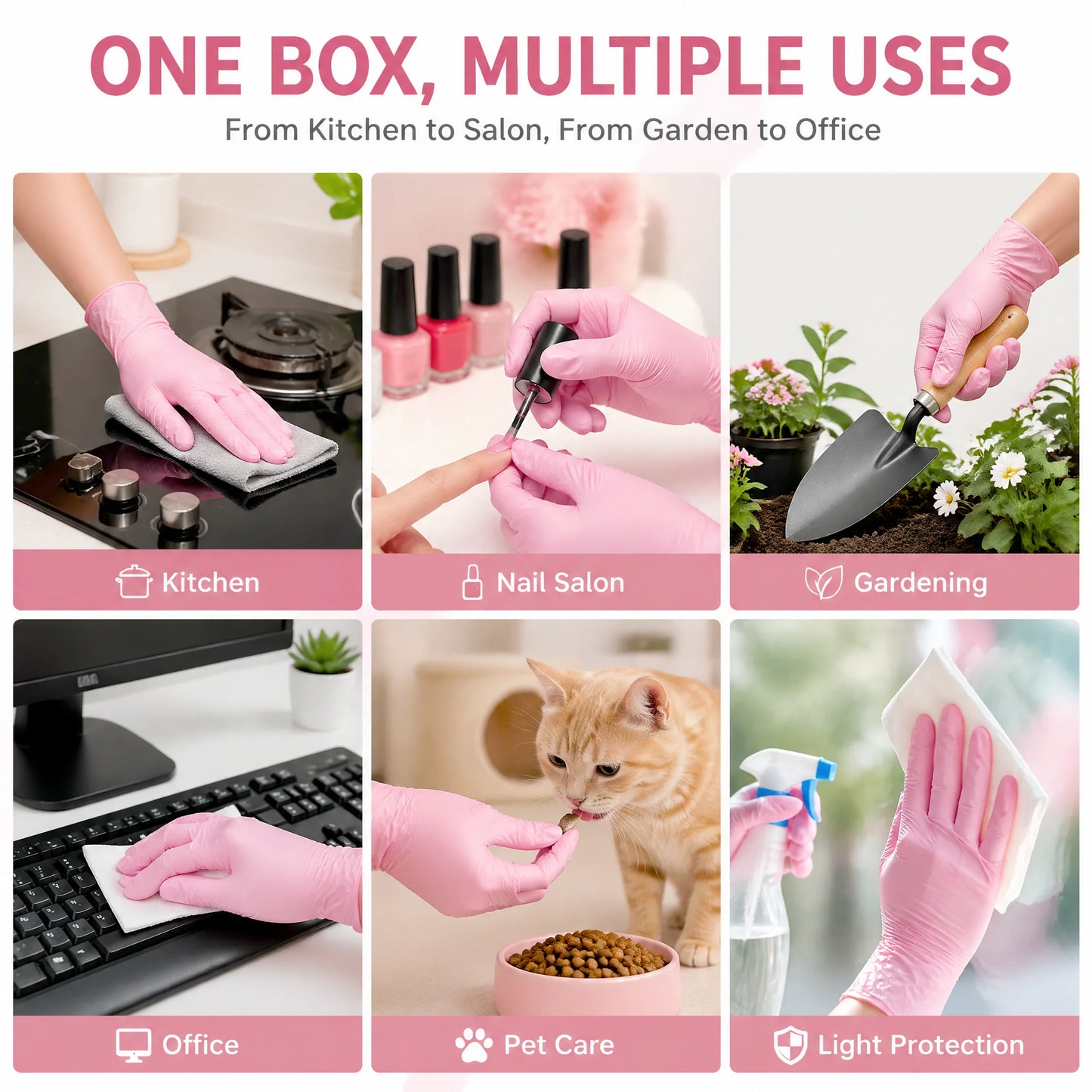 100Pcs Pink Nitrile Gloves - Slim Fit, Lightweight & Flexible, Multi-Scene Use (Kitchen, Nail Salon, Pet Care)