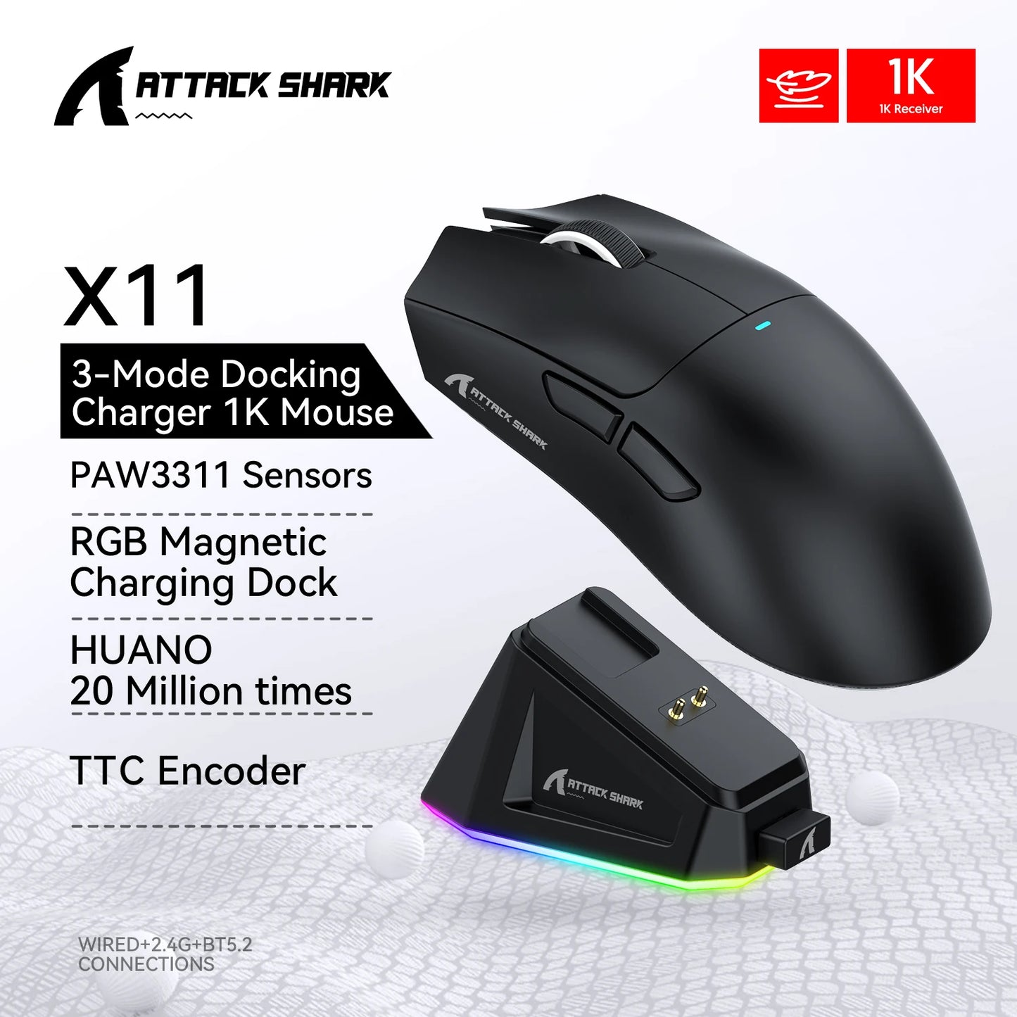 Attack Shark X11 Gaming Mouse,Tri-Mode Connection, PixArt PAW3311, Touch Magnetic Charging Base, Wireless Mouse