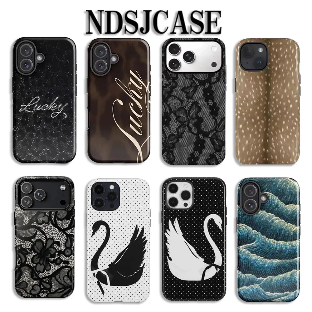 Luxury Clmj Black White Swan Lace Phone Case for iPhone 17 16 15 14 13 12 11 X XS XR Air Pro Max Plus Double-layer Back Cover
