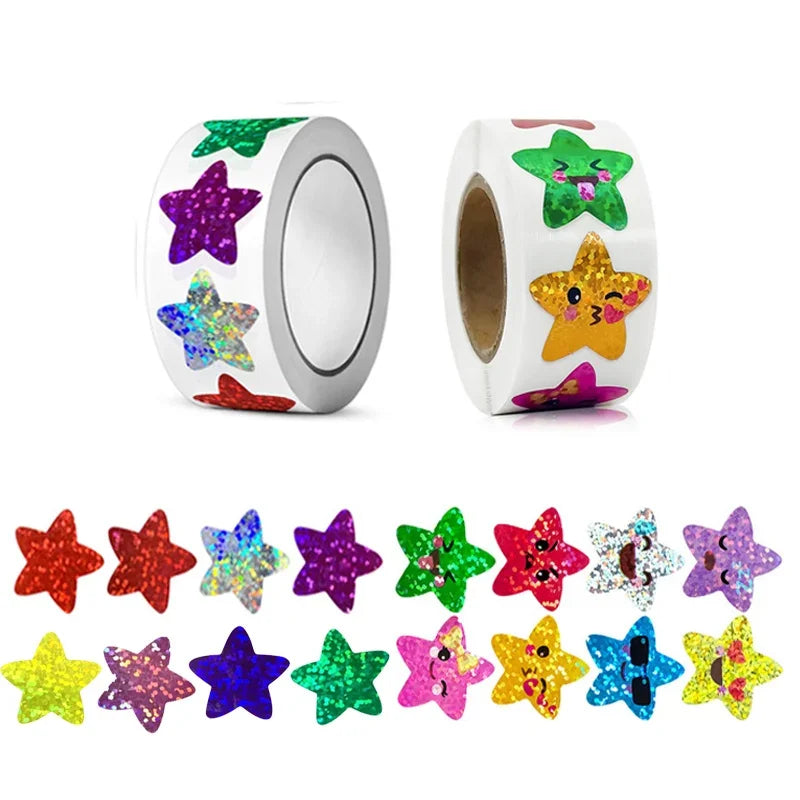500/1000PCs Colorful Star Adhesive Stickers Kawaii Animal Scrapbook Reward Sticker Roll Labels for Kids Gift DIY Art Supplies