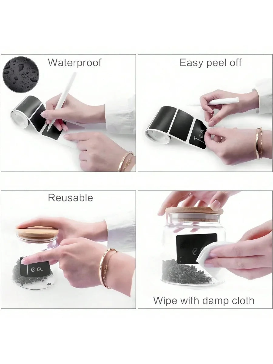 Black Waterproof Reusable Label Stickers With White Chalk For Mason Jars, Craft Room, Storage Spaces, Glass Bottles,Organization
