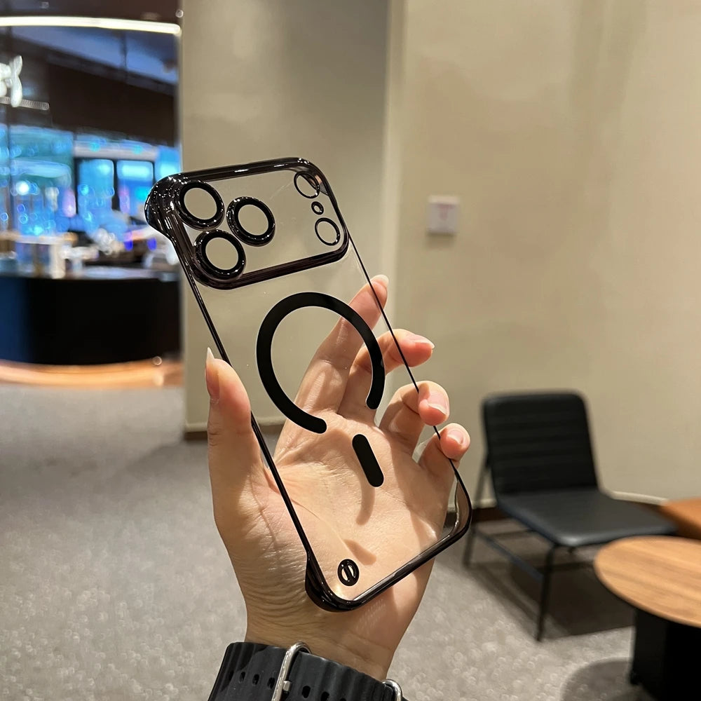 Frameless Case for iPhone 17 Pro Max Air for Magsafe Wirelss Charge Case for iPhone 13 14 15 16 Pro Max Thin PC Plating Cover