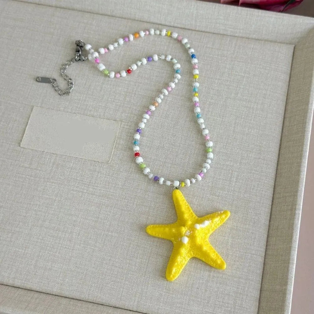 Cute Bohemian Starfish Necklace Beach Surfer Dopamine Bead Trendy Beach Necklace Splicing Colorful Summer Clavicle Chain Gift