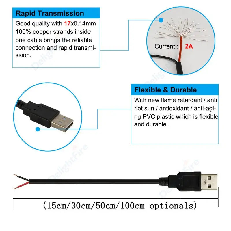 USB A Male 2 Pin Bare Wire USB 5V 3A Pigtail Open End Power Cable for Small Fan USB Equipment Installed Replace Repair DIY Cord