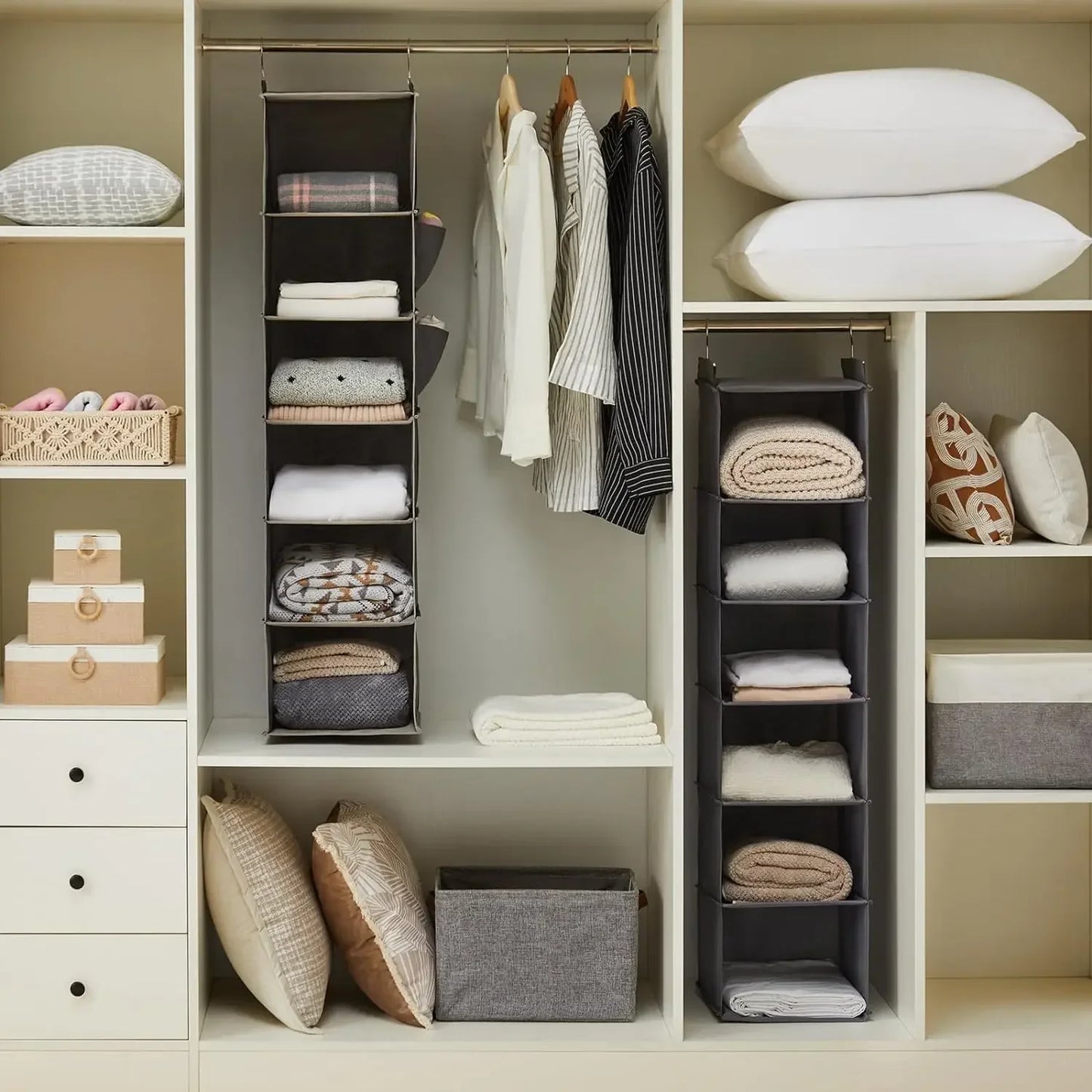 Hanging Closet Organizer, 6-Shelf Wardrobe Storage Bag with Hooks, Space Saving Foldable Fabric Shelves for Bedroom Dorm Travel