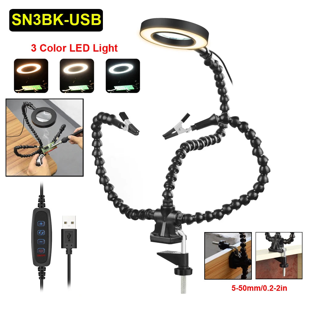 Toolour Helping Hands Soldering Third Hand Tools 5 Flexible Arms With Adjustable Table Clamp 3X LED Magnifier PCB Holder Tool
