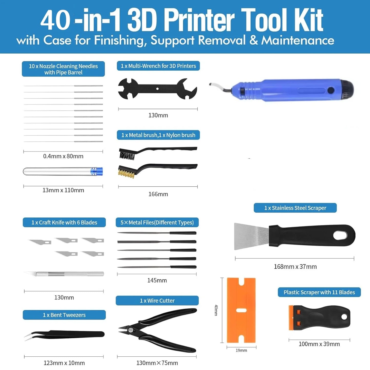 40PCS 3D Printer Tools, Scraper, Files, Wire Cutter, Craft Knife, Wrench,for 3D Printing Cleaning, Finishing and Removing