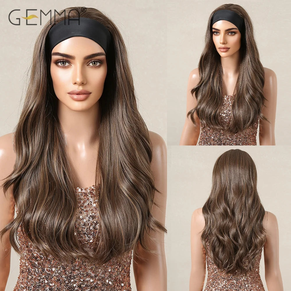 GEMMA Ash Brown Headband Synthetic Wigs Long Natural Wavy Headband Hair Wigs for Women Cosplay Daily Heat Resistant Fake Hair