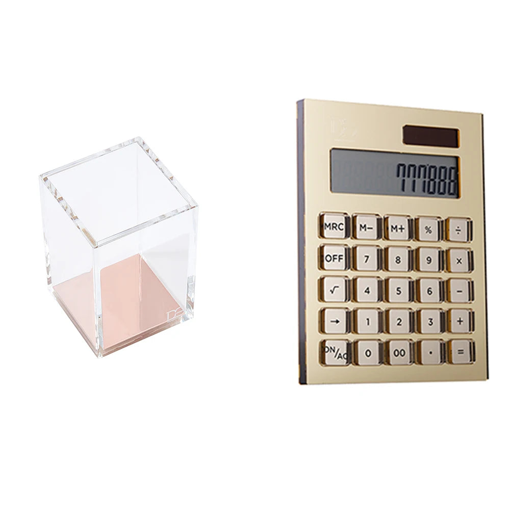 Yellow Gold Acrylic Pen Holder  Organizer + Solar Energy Calculator Desk Kit