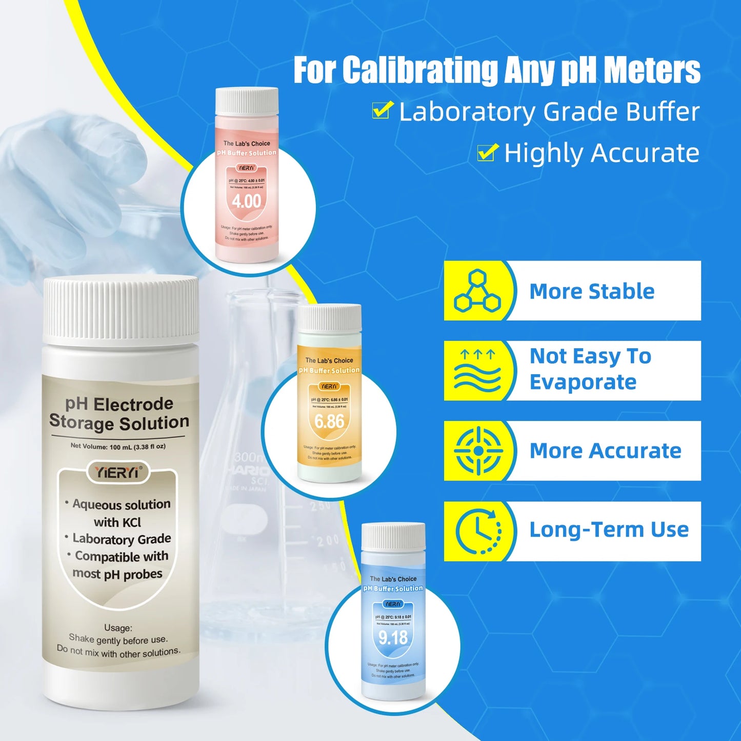 100ML pH Buffer Solution pH Calibration Solution Kit pH Meter Calibration Kit 4.00 6.86 9.18 Buffer with KCL Storage Solution