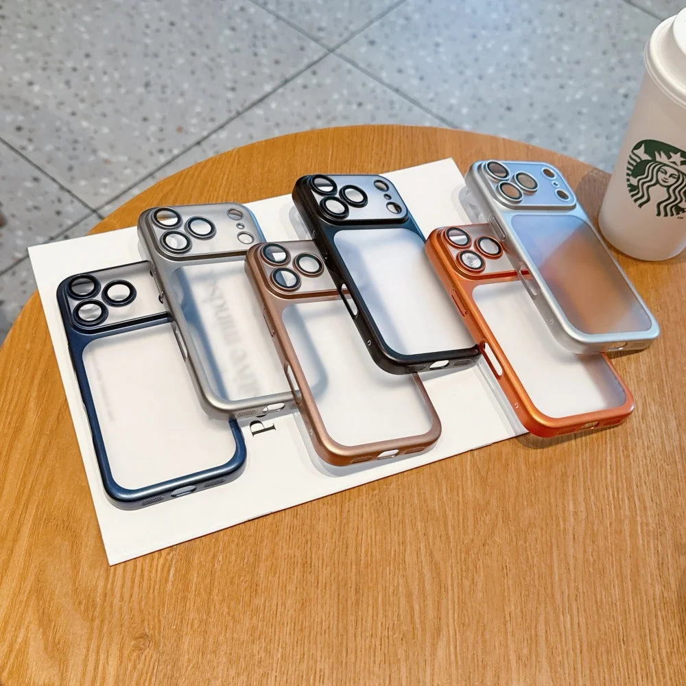 Electroplating Large Window Matte Case For iPhone 17 16 15 14 13 Pro Max Air Ultra Thin Transparent PC Hard Lens Film Cover