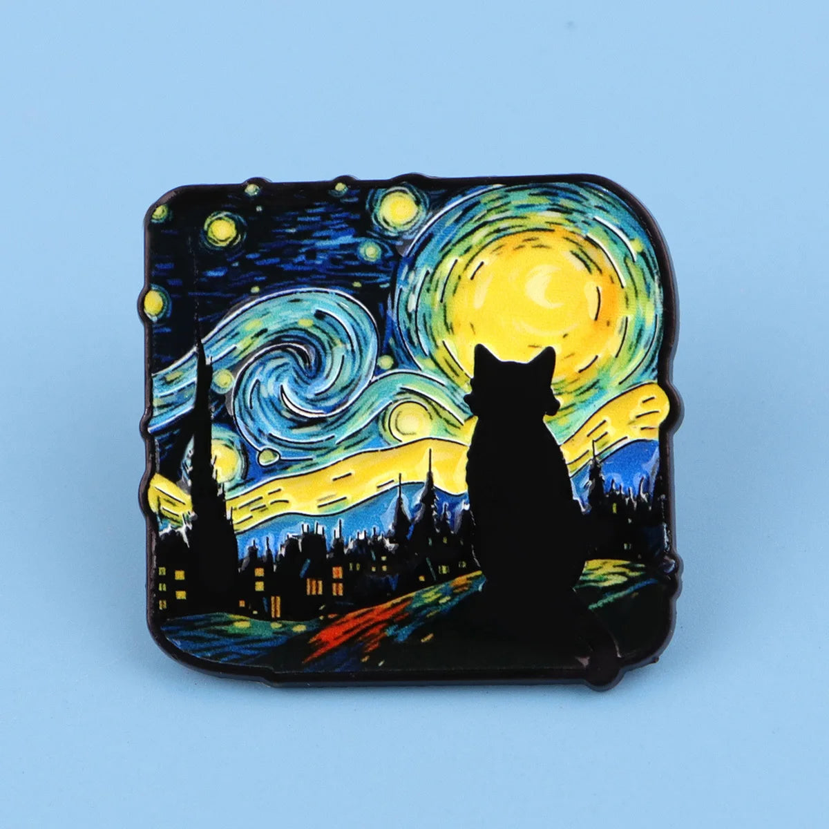Starry Night Cat Silhouette Brooch - Van Gogh Style Art Enamel Pin Badge Fashion Jewelry Gifts