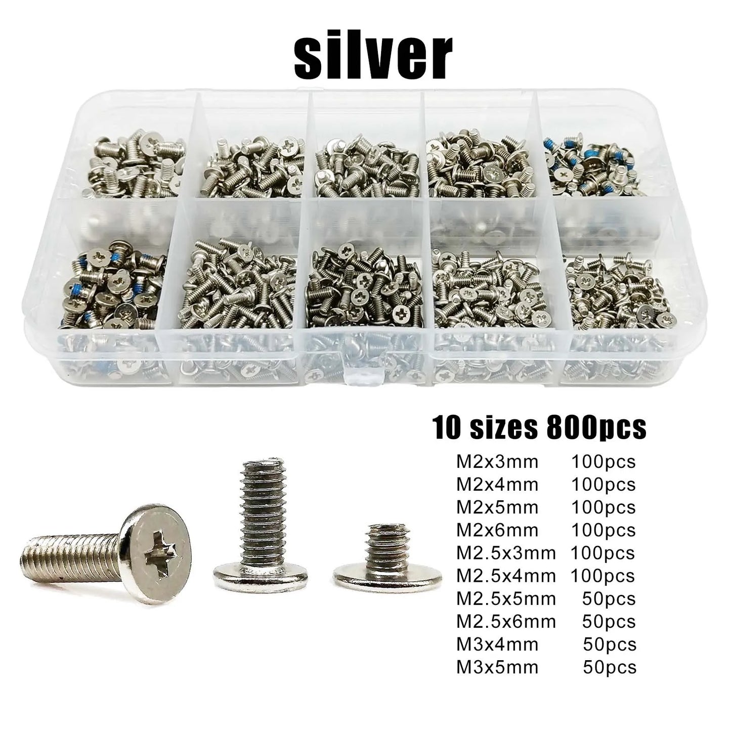 800pcs/box Laptop Computer Screw Bolt M2 M2.5 M3 Phillips Cross Ultra Thin Flat Wafer Head Mix Assortment Kit Set Steel