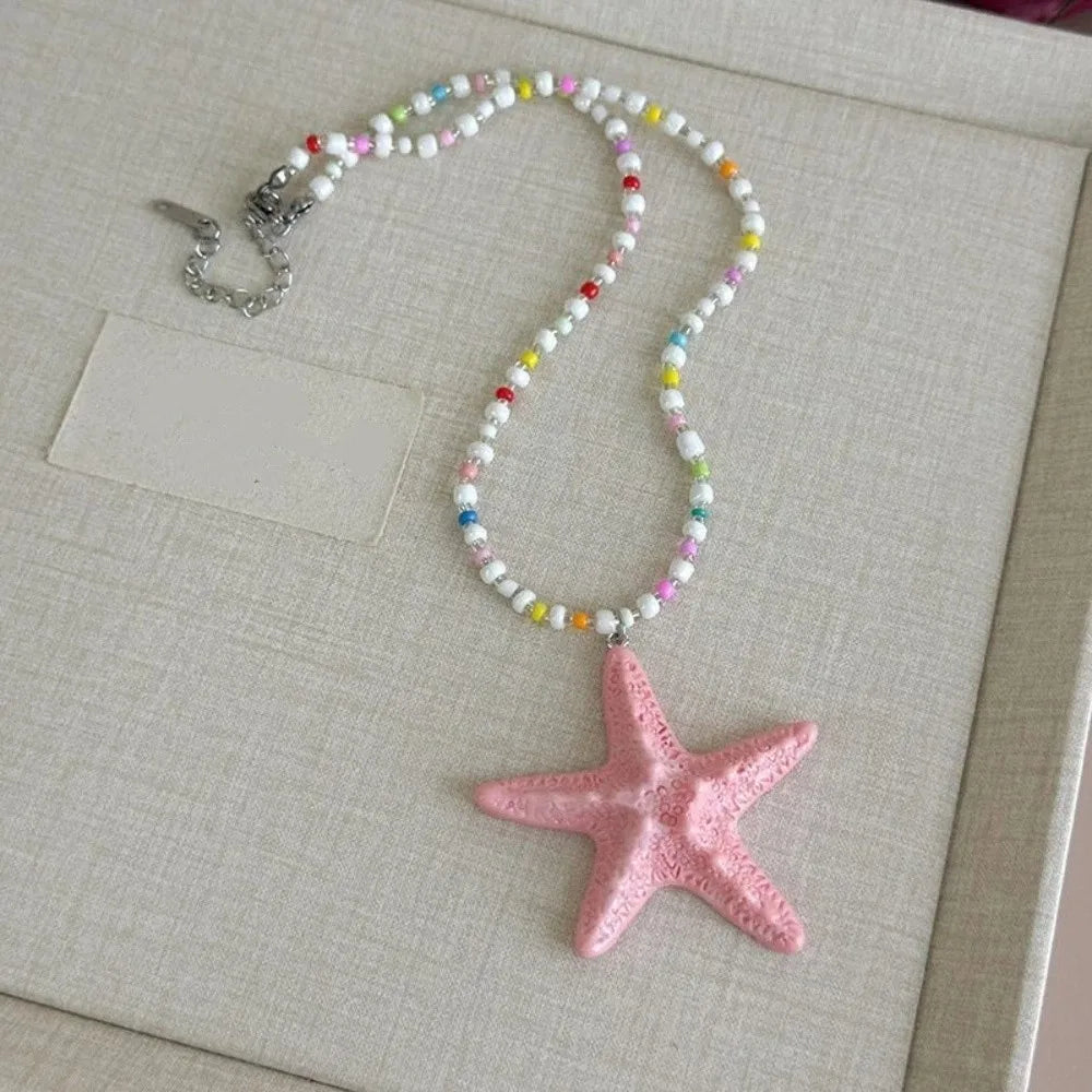 Cute Bohemian Starfish Necklace Beach Surfer Dopamine Bead Trendy Beach Necklace Splicing Colorful Summer Clavicle Chain Gift