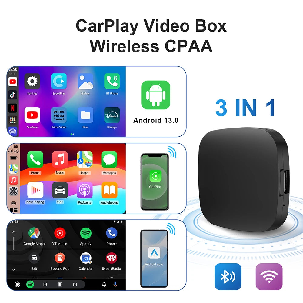 2026 Android13 CarPlay Ai Box Kowankit Wireless Android Auto 3 in 1 USB Adapter Plug & Play For Youtube Netflix Universal TV Box