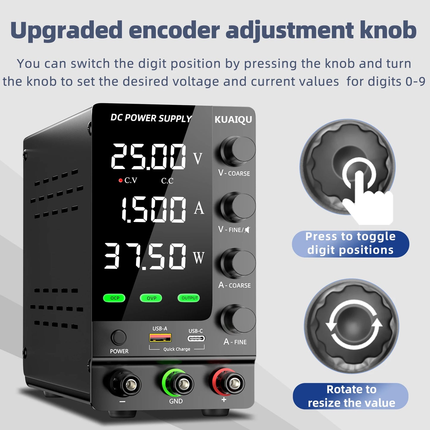 KUAIQU Official DC Power Supply Variable, 30V 60V 120V Adjustable Regulated Lab Power Supplies with OCP/OVP/Output/Encoder