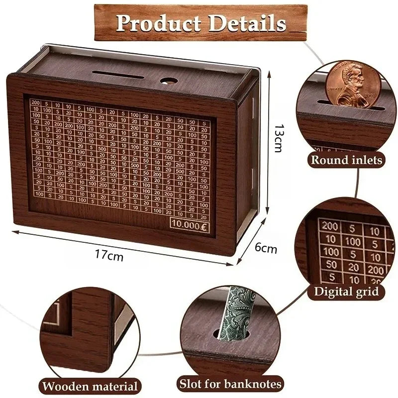 1000/3000/5000/10000 Euro Money Box Wooden Piggy Bank Reusable Personalized Piggy Bank Children Challenge Cash Storage Case