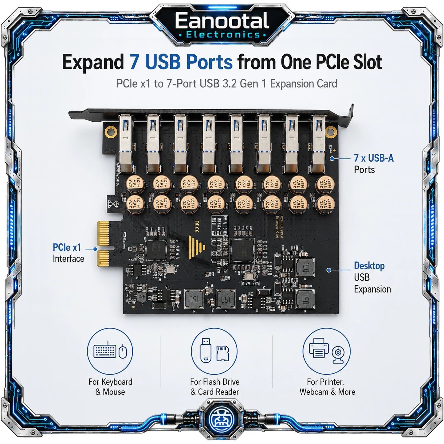 PCIe X1 7 Port USB 3.0 Card, High Speed USB-A Expansion Adapter No External Power Cable Required